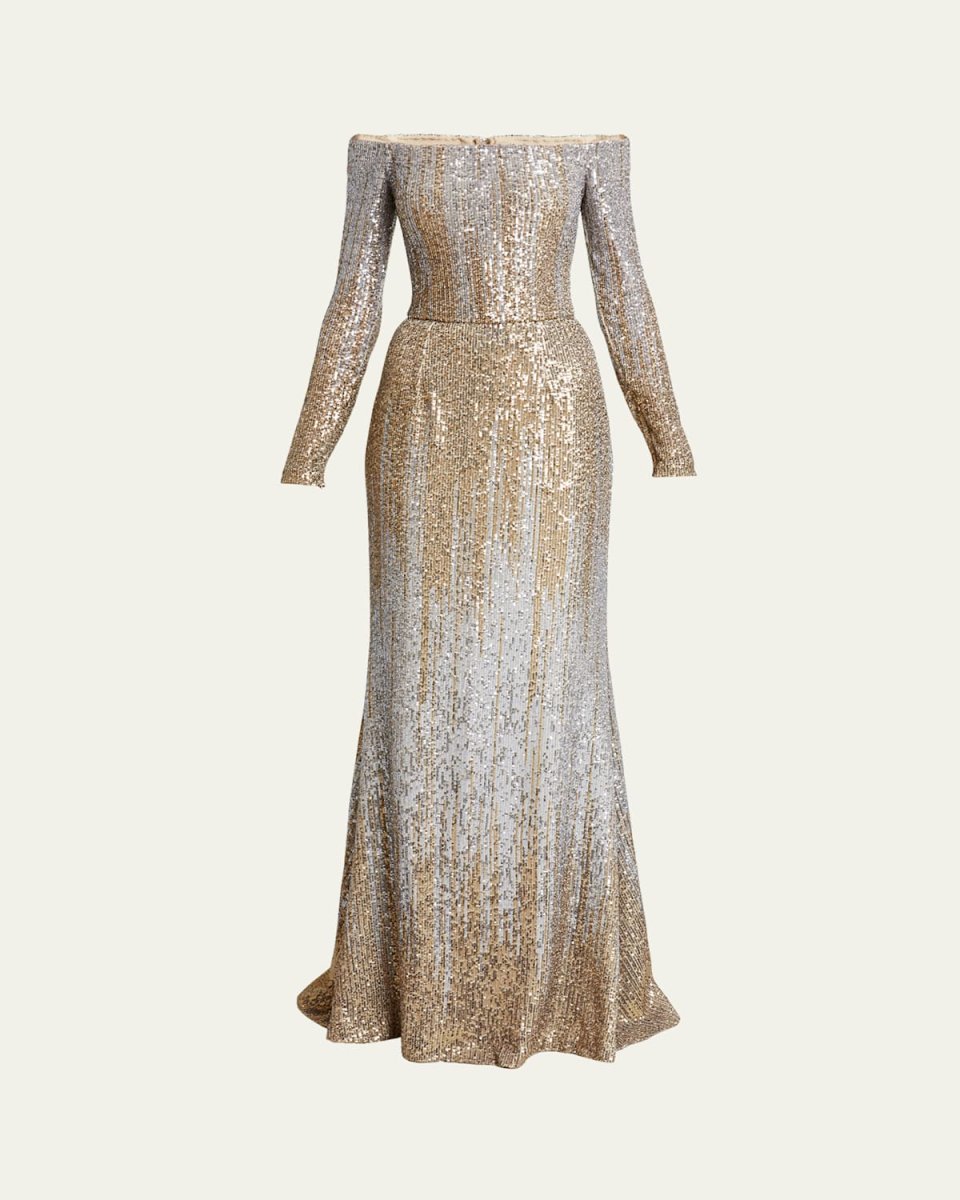 Long Ombre Sequined Off-Shoulder Gown